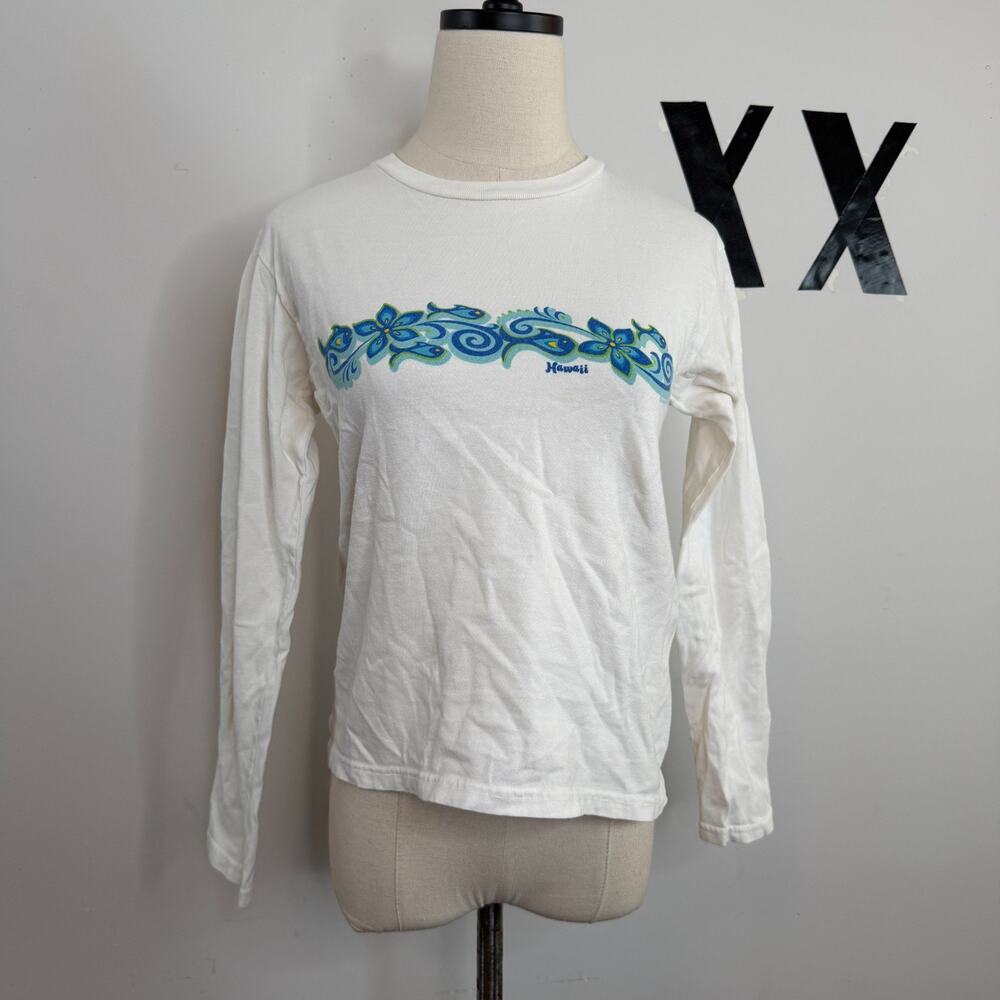 Vintage 90s Crazy Shirts Hawaii Blue Floral Swirl Print Surf Long Sleeve Tee S
